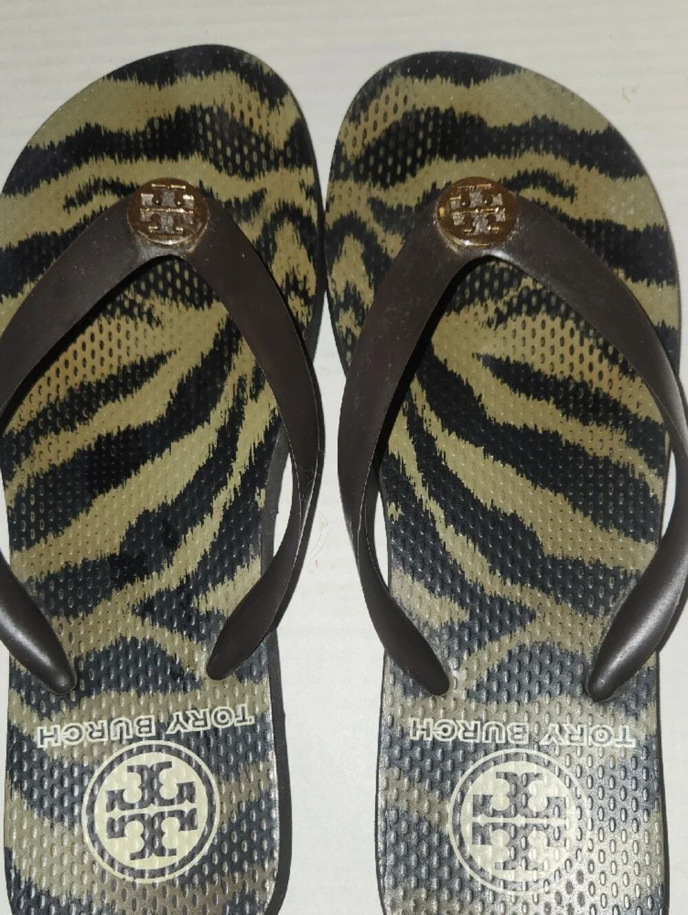 Tory Burch Olive and Black Zebra-Print Flip Flops with Gold Logo